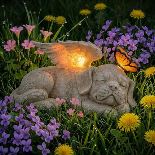 Miniatura 6 de WONDER GARDEN Estatua de Ángel Perro Durmiendo con Luz Solar - Piedra Conmemorativa para Mascotas, en Memoria de Perro, Estatuas de Tributo Cachorro