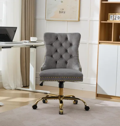 LKTART Silla de oficina tapizada de terciopelo con botón copetudo con base de metal dorado, silla de escritorio ajustable silla de oficina giratoria