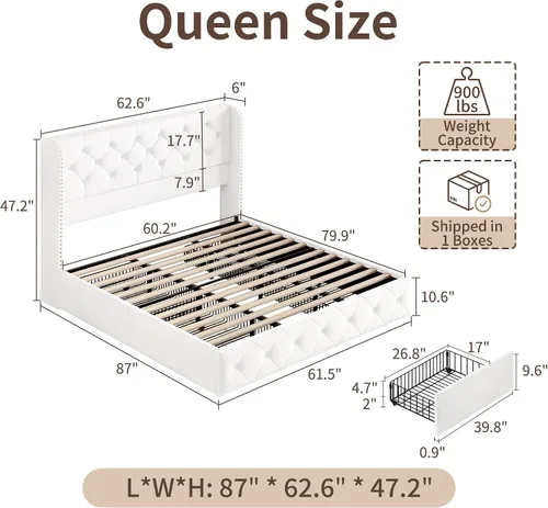Miniatura 2 de BRELTAM Marco de Cama Tamaño Queen con Cajones de Almacenamiento y Cabecero Wingback Tapizado en Terciopelo Marco de Cama Plataforma Camas Blanco