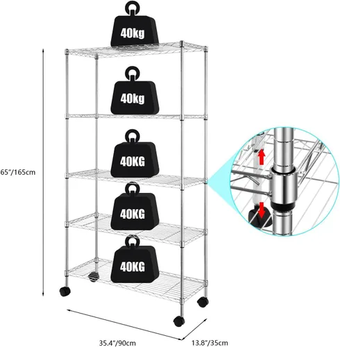 Miniatura 6 de Karl home Estantería de alambre con ruedas, estantes ajustables, estante de almacenamiento de metal para cocina, baño, garaje, despensa, armario