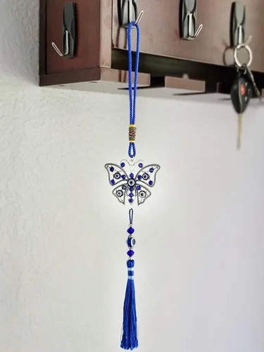 Miniatura 3 de LUCKBOOSTIUM Dijes de mariposa con diseño de ojo turco central en piedra de cristal azul con borlas para buena suerte, protección y bienestar
