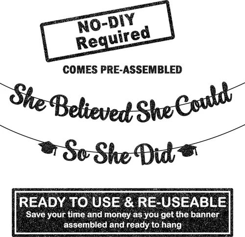 Miniatura 2 de KatchOn, Cartel de She Believed She Could So She Did, con purpurina, 10 pies, sin bricolaje, pancarta negra para decoraciones de graduación 2026
