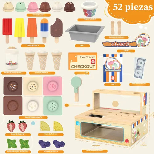 Miniatura 2 de Juego de juguetes plegables de madera para helados, tienda de alimentos para niños pequeños, 52 piezas para niños con almacenamiento, juego