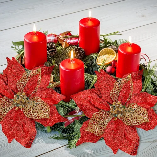 Miniatura 8 de Juego de 20 flores de pascua de 8.7 pulgadas de ancho, 3 capas de flores de Pascua rojas con purpurina, adornos para árbol de Navidad rojo, coronas