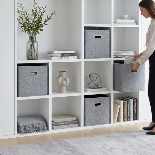 Miniatura 9 de Cubos de almacenamiento de tela gris de 12 x 12 pulgadas, paquete de 4 cubos organizadores plegables con aspecto de lino con asas, cestas plegables