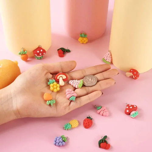 Miniatura 5 de Mega Pet 40 dijes de resina de frutas y verduras, fresa, piña, uva, cereza, resina, hongos, zanahoria, para bricolaje, collares, pulseras, aretes