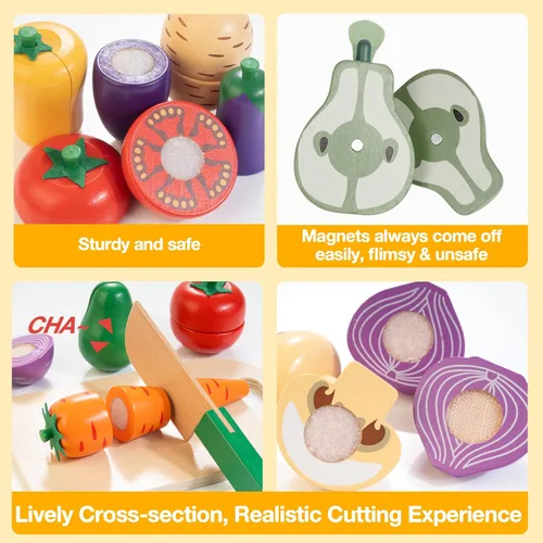 Miniatura 3 de Juego de alimentos de madera para la cocina de los niños Juego de alimentos de juguete para cortar verduras y frutas con estuche de almacenamiento