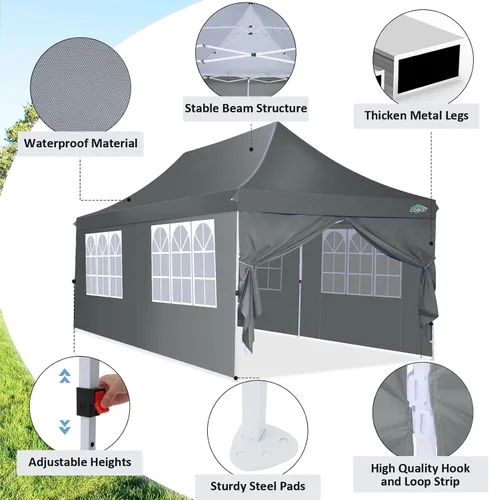 Miniatura 3 de COBIZI Tienda de campaña desplegable de 10 x 20 pies con 6 paredes laterales extraíbles, toldo comercial fácil de instalar, impermeable y gazebo Gris