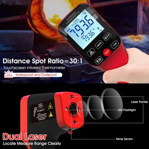 Miniatura 5 de Termómetro infrarrojo de 58℉~2912℉, pirómetro industrial para horno DS=30: 1Emisividad ajustable, retroiluminación, pistola termómetro de alta