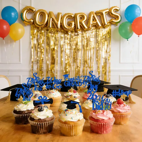 Miniatura 6 de Decoraciones de graduación 2026 azul, adornos para cupcakes de graduación 2026 azul y negro, suministros de decoración para cupcakes clase de 2026