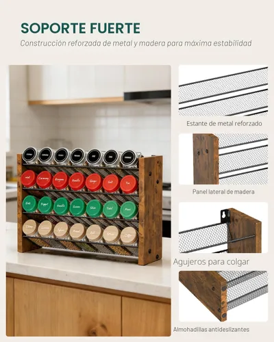Miniatura 7 de NESAPTO Organizador de especias para gabinete, organizador de condimentos vertical de madera de 4 niveles, montaje en pared o estante de especias