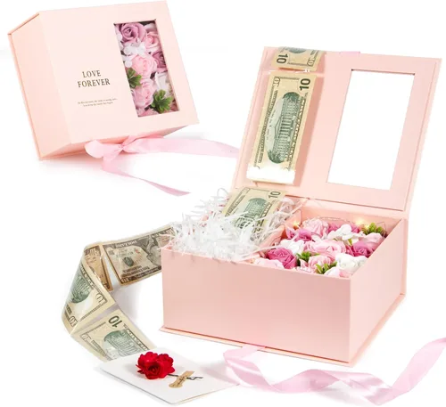 Miniatura 10 de Caja de dinero para regalo en efectivo - Caja de regalo de flores de lujo con tirador de dinero y tapa con flor y lazo, caja de regalo única