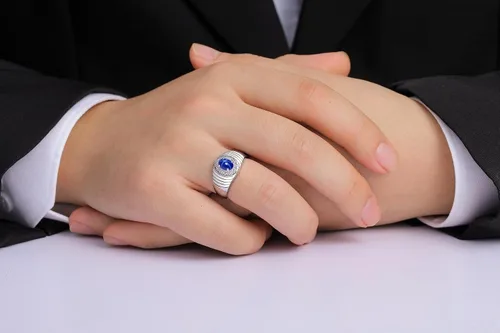 Miniatura 2 de Rylos Anillos de plata de ley para hombre, con halo clásico de diamantes genuinos, 0.27 x 0.197 pulgadas, con piedras preciosas ovaladas