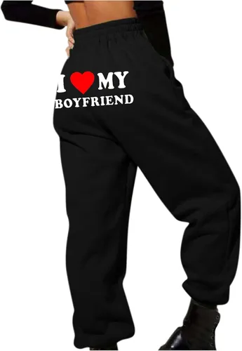 I Love My Boyfriend - Pantalones deportivos a la moda, elásticos, de cintura alta, pantalones deportivos casuales de forro polar sueltos, pantalones