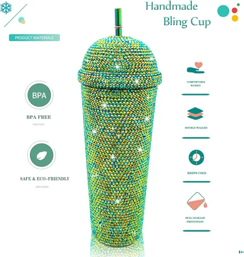 Miniatura 3 de Vaso de 24 onzas con diamantes de imitación hechos a mano con tachuelas, botella de agua reutilizable de plástico con doble pared con tapa y pajitas