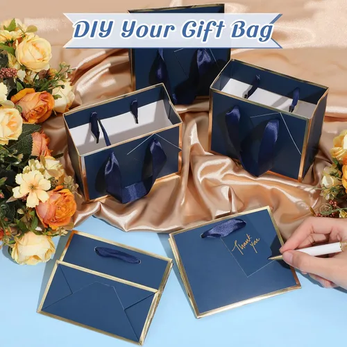 Miniatura 4 de Yeaqee 50 mini bolsas de regalo de papel metálico con asa de 4.75 x 2.25 x 4 pulgadas, pequeña bolsa de regalo para bricolaje, etiqueta de Azul