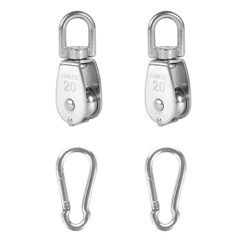 Miniatura 14 de 2 piezas de bloque de polea individual M32 de acero inoxidable 304, rueda de remolque de alambre para colgar, con 2 piezas de gancho de resorte