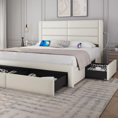 Miniatura 17 de Yaheetech Marco de cama tamaño completo con 2 estaciones de carga USB/puerto para tipo A y tipo C/3 cajones de almacenamiento, cama plataforma