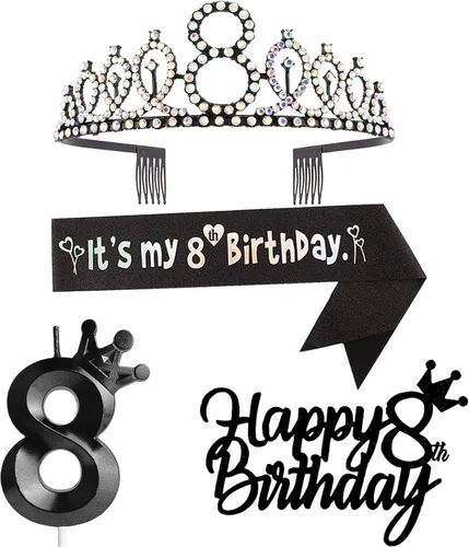 Miniatura 29 de Decoraciones de cumpleaños número 7 para niña, que incluyen corona/tiara de cumpleaños número 7, banda, adorno para pastel de cumpleaños y velas