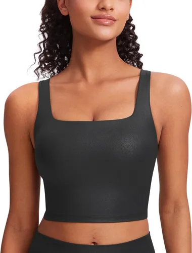 Miniatura 57 de CRZ YOGA Butterluxe Brasier deportivo de cuello cuadrado para mujer, estilo camiseta corta sin mangas, acolchado con soporte integrado para yoga