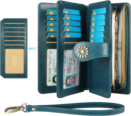 Miniatura 2 de Lavemi Carteras de cuero genuino de gran capacidad con bloqueo RFID para mujer, tarjetero con correa para la muñeca