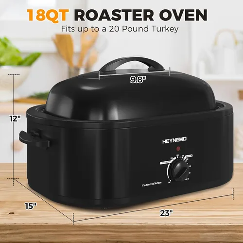 Miniatura 7 de Horno eléctrico, rostizador con tapa de autohumectado, para pavo, con descongelado y mantenimiento de calor, temperatura ajustable, bandeja y Negro