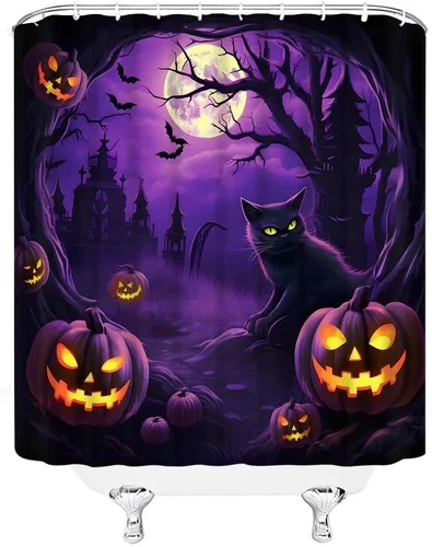 Miniatura 5 de Cortina de ducha de Halloween, espeluznante gato negro, calabazas aterradoras, luna llena, casa encantada, murciélagos, árbol muerto, cortina