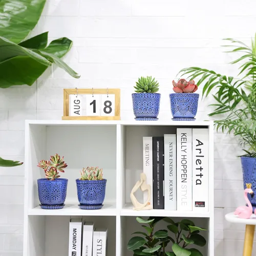 Miniatura 4 de Gepege Macetas para suculentas, maceta pequeña de cerámica para interiores de 4 pulgadas con agujeros de drenaje y platillos para plantas, color Azul
