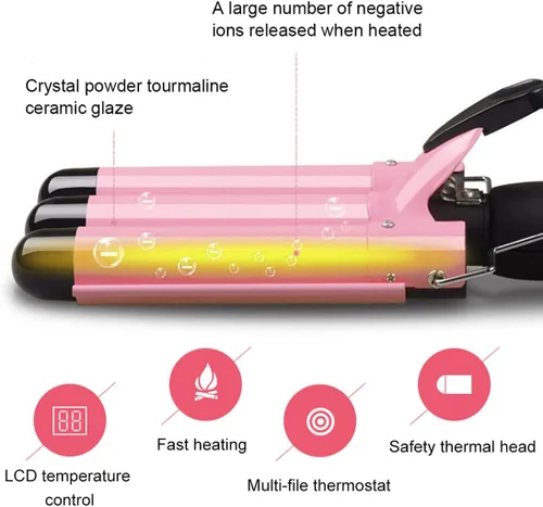 Miniatura 4 de Varita rizadora de turmalina de cerámica de 3 barriles triples con pantalla LCD de temperatura, rizador de 1 pulgada, doble voltaje Rosa