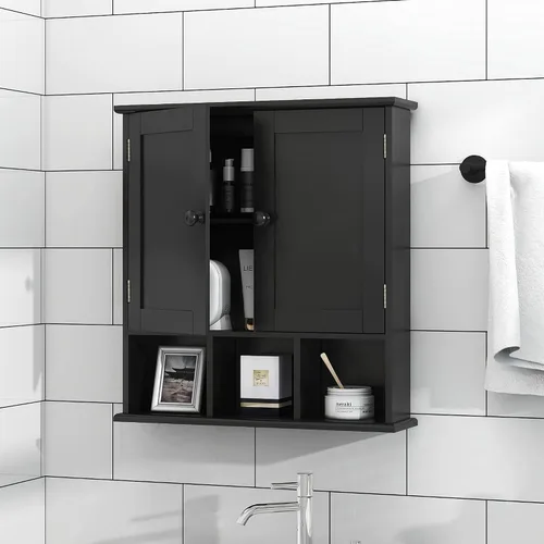 Miniatura 4 de TaoHFE Gabinete de almacenamiento negro para baño sobre el inodoro, organizador de gabinete de medicina de pared con 2 puertas y estantes