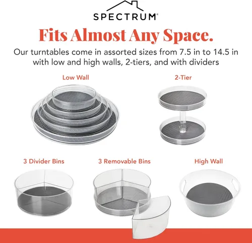 Miniatura 5 de Spectrum Organizador giratorio dividido de 11 pulgadas, gris carbón, organizador de almacenamiento Lazy Susan, 3 divisores giratorios Lazy Susan