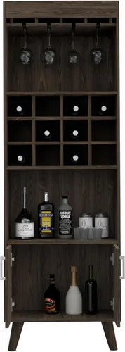 Miniatura 6 de FM FURNITURE Edessa - Armario de bar con 12 cubos de vino, 2 estantes abiertos, estante de vidrio y un gabinete de doble puerta, nogal oscuro