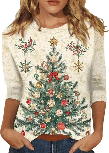 Camisetas de manga 3/4 para mujer, cuello redondo, holgadas, casuales, con estampado floral, camisetas de moda para el trabajo de negocios