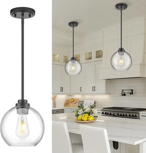 Miniatura 8 de Luces Colgantes de Latón para Isla de Cocina Paquete de 2, Luz Colgante Dorada Estilo Granja con Pantalla de Globo de Vidrio Transparente