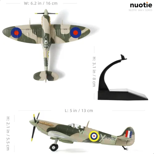 Miniatura 2 de NUOTIE Modelo Spitfire Fighter a escala 1/72, modelo legendario de combate de la Segunda Guerra Mundial, modelos de avión de metal fundido a presión