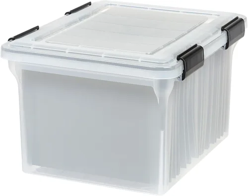 IRIS USA Caja de archivos WeatherPro Organizador de plástico para cartas/documentos legales, resistente al agua, tapa duradera, sello con hebillas