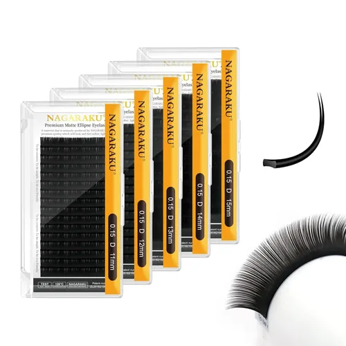Miniatura 39 de NAGARAKU Extensiones de pestañas elipse con puntas abiertas planas, pestañas individuales de 0.006 in, rizo C, bandeja de mezcla de 0.315-0.591 in