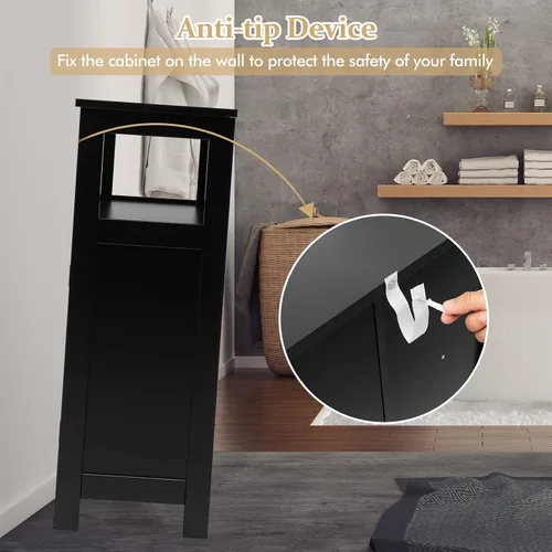 Miniatura 7 de COSTWAY Armario de almacenamiento para baño, organizador de almacenamiento lateral de madera con puertas de rejilla y estante extraíble, gabinete