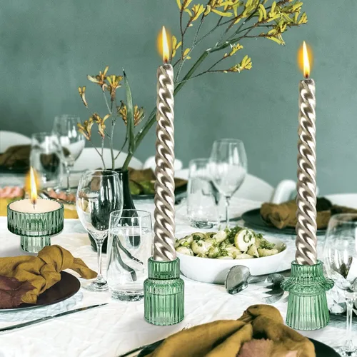 Miniatura 6 de Portavelas de cristal, juego de 3 candelabros verdes, velas cónicas de 3 estilos para todos los eventos formales, centros de mesa, bodas, cenas