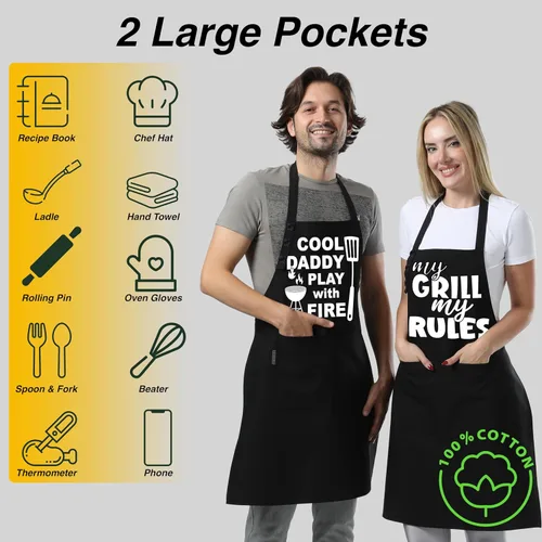 Miniatura 2 de TOSHE Delantal de Cocina Resistente a Gotas de Agua de Algodón con Delantales Ajustables para Mujer con Bolsillos 12 Opciones de Color Cocina Negro