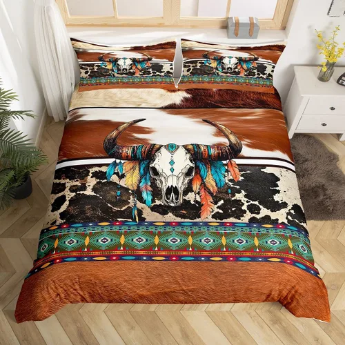 Miniatura 18 de Erosebridal Funda de edredón de piel de vaca marrón con estampado de vaca de las tierras altas, juego de ropa de cama occidental exótico azteca