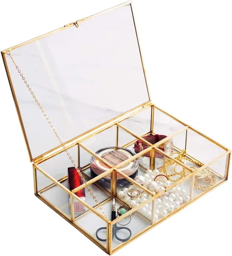 Miniatura 3 de Caja de vidrio vintage dorada de vidrio transparente y latón para almacenamiento de joyas y maquillaje cosmético, soporte para lápiz labial