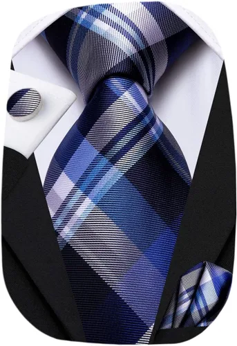 Miniatura 225 de Hi-Tie Corbata clásica de cachemira para hombre con pañuelo y gemelos a cuadros
