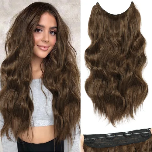 Miniatura 37 de Extensiones de cabello con halo de 12 pulgadas con alambre invisible, cabello largo ondulado ajustable, sintético, mejora con 4 clips de seguridad