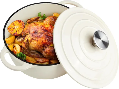 Miniatura 17 de Horno holandés de hierro fundido esmaltado de 6 cuartos de galón con tapa, asas dobles grandes, apto para horno hasta 500 °F, olla redonda clásica