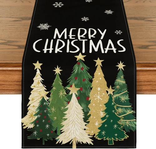 Miniatura 8 de Artoid Mode Camino de Mesa de Feliz Navidad con Árboles de Navidad y Copos de Nieve Rojos 210 GSM, Decoración de Mesa de Comedor de Cocina