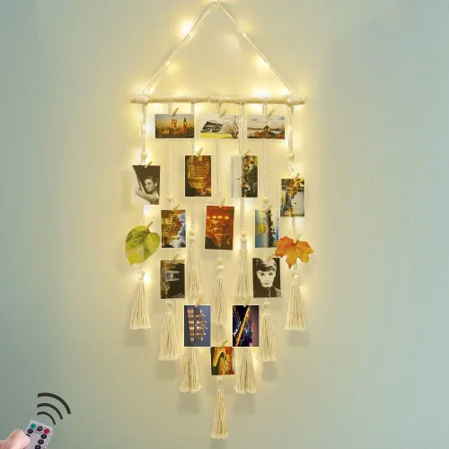 Miniatura 12 de Homecor Decoración de pared colgante de macramé negro, decoración bohemia para habitación, collage de marcos de fotos con luz remota, 30 clips