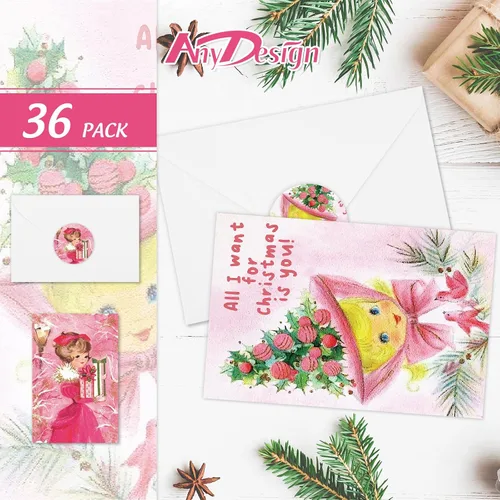 Miniatura 2 de AnyDesign 36 tarjetas de felicitación de Navidad, 12 diseños, tarjetas de notas rosas vintage con sobres blancos y calcomanías adhesivas, tarjeta