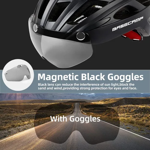 Miniatura 3 de Casco de bicicleta Basecamp con luz trasera y gafas magnéticas desmontables, casco ligero para ciclismo ajustable para hombres y mujeres en montaña