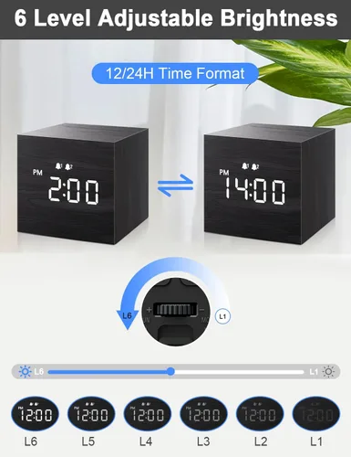 Miniatura 5 de JALL Reloj Despertador Digital, con Pantalla de Tiempo LED Electrónica de Madera, Alarma Dual, Relojes Eléctricos Pequeños Mini Cúbicos de Madera